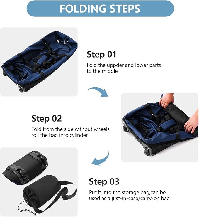 32” 1680D Oxford Foldable Duffle Bag with 2 Wheels,110L to 140L Expandable Soft Sided Rolling Travel Bag,Navy