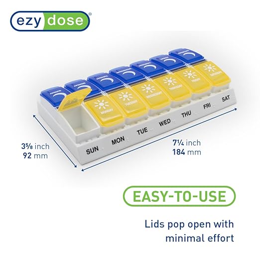 EZY DOSE Weekly (7-Day) AM/PM Pill Organizer, Daily Vitamin Container and Medicine Box, Large Pop-Out Compartments, Designed for Travel, 2 Times a Day, Blue and Yellow Lids