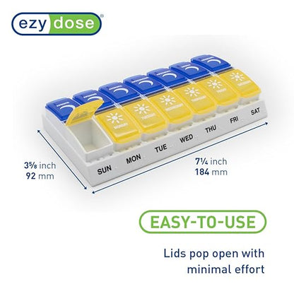 EZY DOSE Weekly (7-Day) AM/PM Pill Organizer, Daily Vitamin Container and Medicine Box, Large Pop-Out Compartments, Designed for Travel, 2 Times a Day, Blue and Yellow Lids