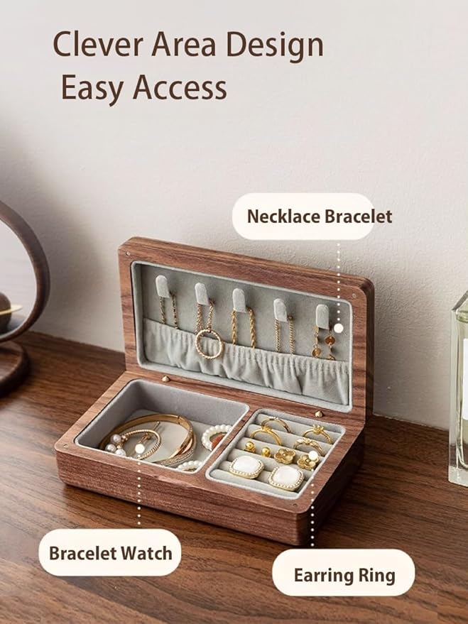 Small Wooden Jewelry Box, Vintage Delicate Walnut Wood Jewelry Case, Ideal Gift for Man Women, Protable Travel Jewelry Organizer