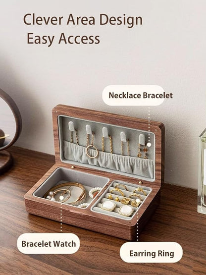 Small Wooden Jewelry Box, Vintage Delicate Walnut Wood Jewelry Case, Ideal Gift for Man Women, Protable Travel Jewelry Organizer