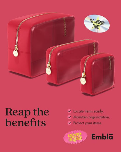 Clear Cosmetic Bags Set of 3, Mini Small Large Makeup Bags For Women Clear Pouch Cosmetics Cases Zipper Cute Pouches Make Up Travel Toiletry Essentials Preppy Purse Organizer Makeup Cases, Ruby