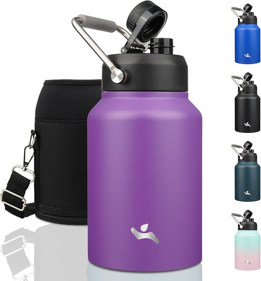 Half Gallon Jug with Handle,64 oz Insulated Water Bottle with Carrying Pouch,Double Wall Vacuum Stainless Steel Metal Bottle,Purple