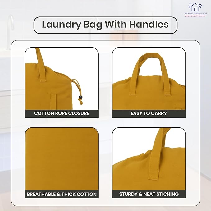 LFH Home Large Premium Cotton Canvas Laundry Bag with Drawstring and Handles Heavy Duty, Multi-Use, and Washable for Home, Travel, College or Storage 24x36 (Pack of 2)-Yellow