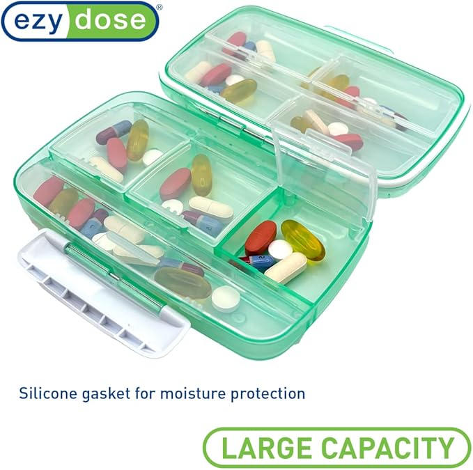 EZY DOSE Moisture-Proof Pill Case, Medicine Planner, Vitamin Organizer Box, Travel-Friendly, Latch-Closure to Secure Contents, 8 Individual Compartments of Multiple Sizes with Tight Seal, Large, Green