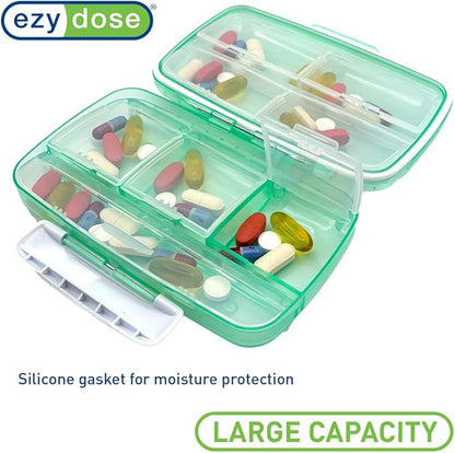 EZY DOSE Moisture-Proof Pill Case, Medicine Planner, Vitamin Organizer Box, Travel-Friendly, Latch-Closure to Secure Contents, 8 Individual Compartments of Multiple Sizes with Tight Seal, Large, Green