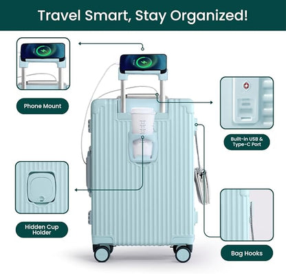 Nobl Travel Carry On Luggage, Noble Zipperless Aluminum Frame PC Hard Shell Suitcase, 22.5x15x9.5 Airline Approved, 360° Spinner Wheels, TSA Locks, USB Charging Port, Cup & Phone Holder - Powder Blue