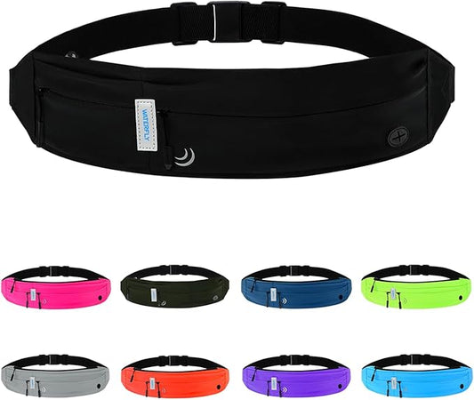 WATERFLY Running Belt Fanny Pack: Runner Marathon Jogging Waist Pack Sport Workout Exercise Fitness Phone Holder Belt for Men Women Jogger Slim Waist Bag Black