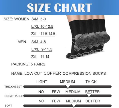 5 Pairs Copper Compression Socks for Women & Men - Ankle Plantar Fasciitis Arch Support Running Socks for Athletic