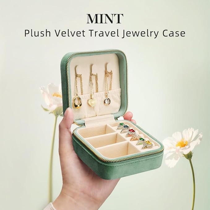 TAIMY Travel Jewelry Case, Small Plush Velvet Jewelry Box for Women and Girls, Portable Jewelry holder organizer for Rings Earrings Necklaces Bracelets(Mint)