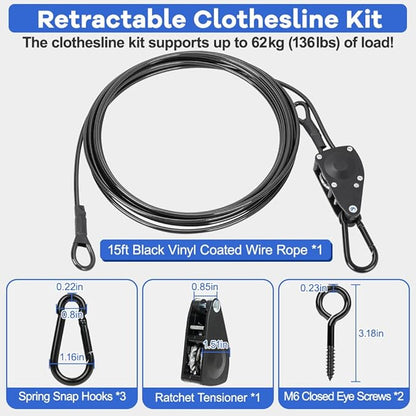 TooTaci 15ft Outdoor Clothesline Kit, 3/16" Black PVC Coated Wire Rope Heavy Duty Portable Clothes Line Kit with Self-Locking Pulley, Screw Hook & Snap Hook for Camping, Backyard, Balcony, Travel