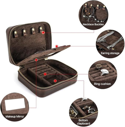 CONTACTS Genuine Leather Jewelry Box for Men Travel Jewelry Organizer Zipper Jewelry Cufflinks Ring Necklace Bracelet Storage Case with Mirror, Rectangular+mirror, Coffee