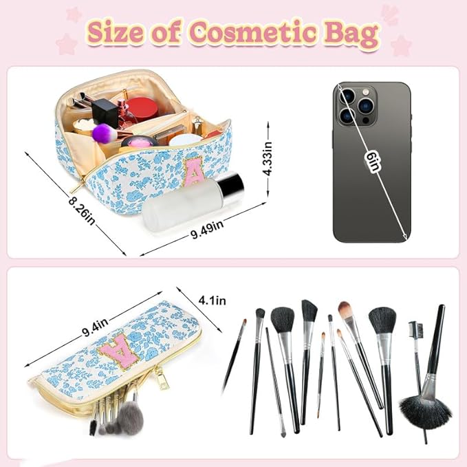 Personalized Travel Makeup Bag Set,Initial Travel Cute Floral Makeup Organizer Bag,Toiletry Skincare Cosmetic Bag,Christmas Gifts for Women/Girls,Open Flat Toiletry Pouch with Brush Pocket-C