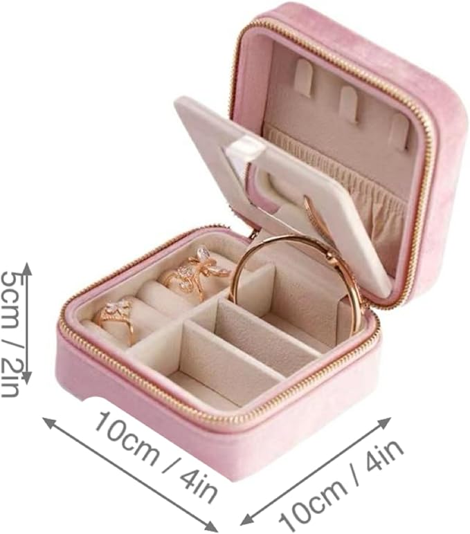 Velvet Jewelry Box, Small Travel Jewelry Organizer, Portable Jewelry Case for Women with Mirror, Pink Mini Plush Travel Box