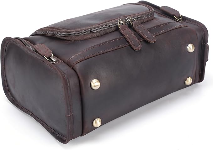 Polare Full Grain Leather Toiletry Bag Travel Dopp Kit Makeup Cosmetic Organizer Shaving Kit Wash Case with Hanging Hook