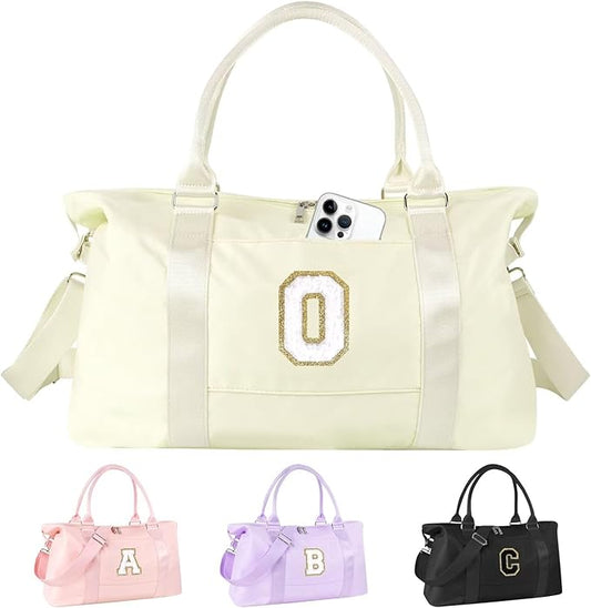 Dance Gym Duffel Bag for Teen Girls, Personalized Initial Travel Weekender Bag,Cute Overnight Carry On Duffle for Women,Sports Travel Cheer Bag,Monogram Christmas Gifts for Tween Preppy(beige-O)