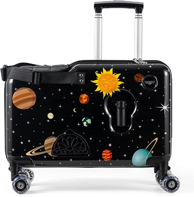 Younglingz LIL FLYER GO Version 2 Ride On Suitcase for Kids | Carry On Luggage with Toddler Seat, Foldable Handlebars, Pedals, and Removable Wheels | Holds up to 80 lbs | SPACE | Ages 2-6