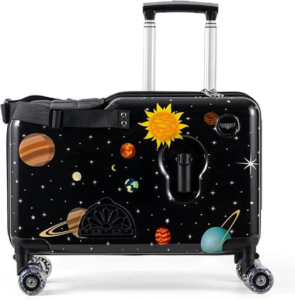 Younglingz LIL FLYER GO Version 2 Ride On Suitcase for Kids | Carry On Luggage with Toddler Seat, Foldable Handlebars, Pedals, and Removable Wheels | Holds up to 80 lbs | SPACE | Ages 2-6