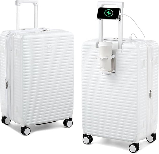 Hard Shell Suitcases Travel Expandable Luggage, 24 Inch Check in Luggage with Spinner Wheels Cup Holder Charger Built in, Checked Medium Suitcase Lightweight Suitcases, White