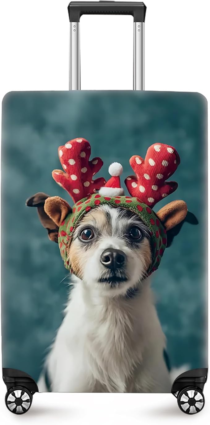 ANNA QUEEN Christmas Dog Luggage Cover, Cute Puppy with Reindeer Antlers Suitcase Protector, Washable Stretchable Travel Sleeve for 28-30 Inch Luggage