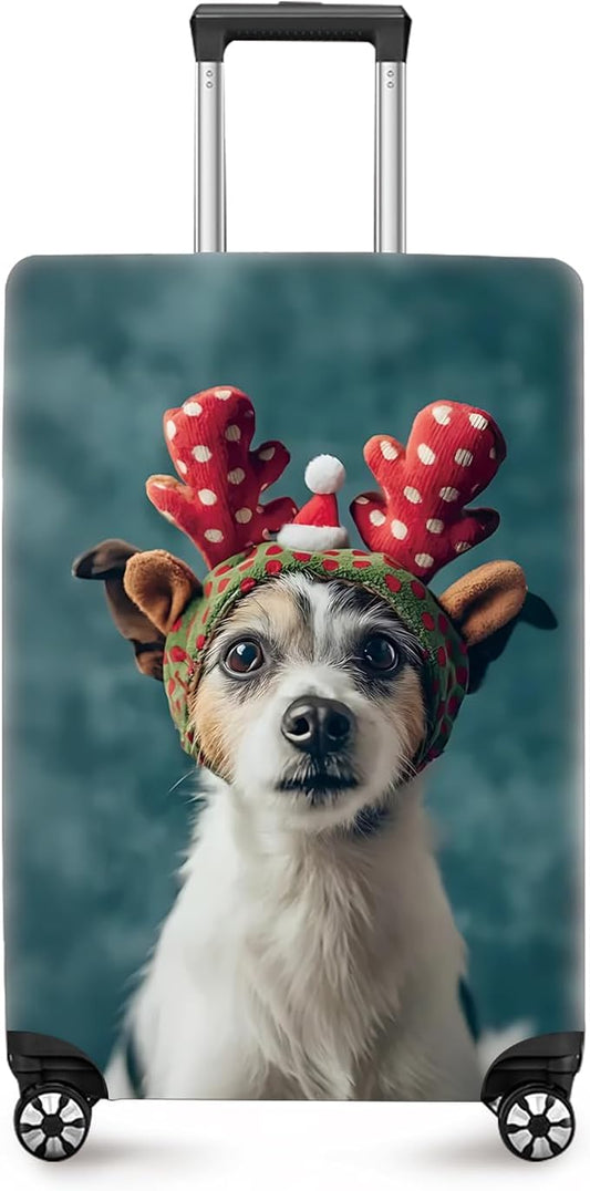 ANNA QUEEN Christmas Dog Luggage Cover, Cute Puppy with Reindeer Antlers Suitcase Protector, Washable Stretchable Travel Sleeve for 24-26 Inch Luggage