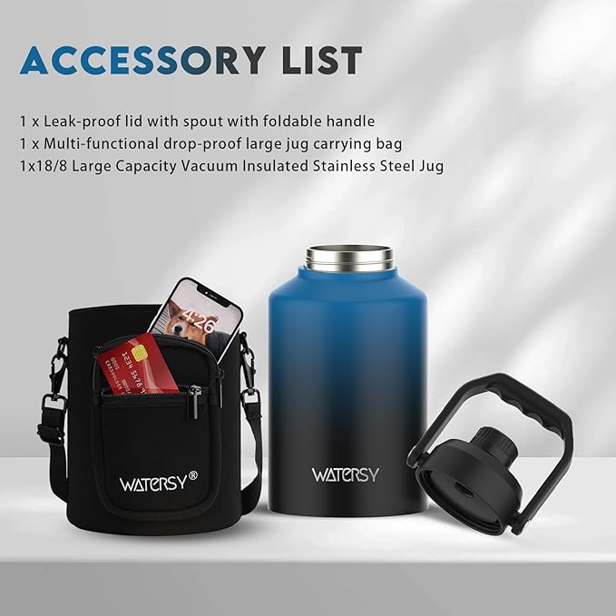 WATERSY 1 Gallon Water Bottle Insulated(Cold for 48 Hrs),BPA Free&Leak Proof,128oz Stainless Steel Water Jug,Big thermo,Large Water Bottle with Handle for Gym,Hiking,Camping&Travel,Gradient Blue