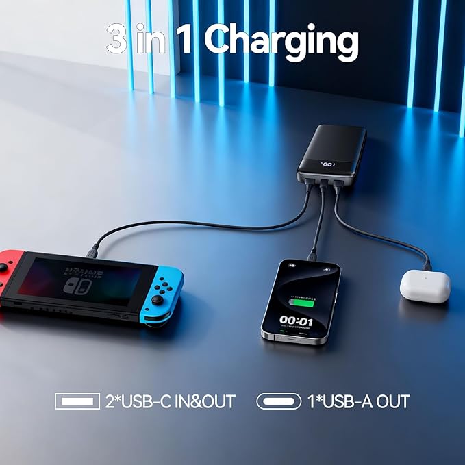 Portable Charger, 10000mAh Slim Power Bank Portable Phone Charger 22.5W PD QC Fast Charging with 3 Outputs 2 Inputs Battery Pack Compatible with iPhones Samsung Google Pixel LG Moto More Devices,Black