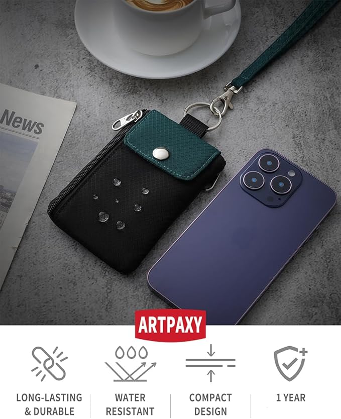 Minimalist Wallet For Mens Womens, Keychain RFID Blocking Zipper Small Wallet with ID Window 2 Lanyards,Water Resistant Travel Cash Card Coin Case Boys Girls