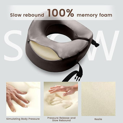 THXSILK 100% Mulberry Silk Neck Pillow for Traveling, Pure Memory Foam Travel Pillow for Airplanes, Travel Neck Pillow for Sleeping, Head and Neck Support, Includes Storage Bag (Charcoal)