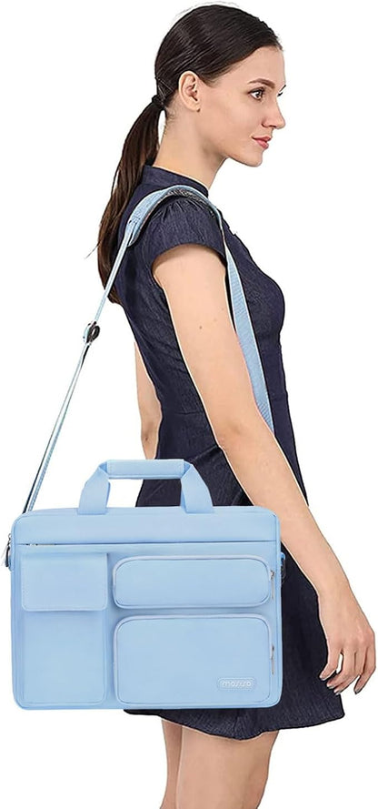MOSISO Laptop Shoulder Bag 13.3 inch, 13-14 inch Computer Bag Compatible with MacBook Air/Pro 13 / Pro 14, HP Dell ASUS Lenovo with 2 Raised&1 Flapover&1 Horizontal Pocket&Handle&Belt, Airy Blue