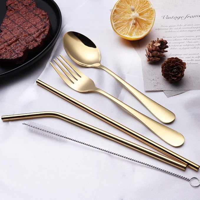 Portable Stainless Steel Flatware Set, Travel Camping Cutlery Set, Portable Utensil Travel Silverware Dinnerware Set with a Waterproof Case (Gold)