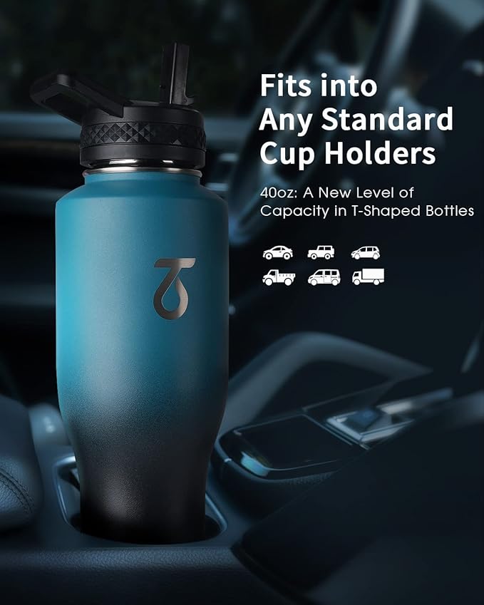 Trebo 40 oz Water Bottle Insulated Fit in Any Car Cup Holder,Triple Wall Vacuum Insulated Water Bottle (Cold for 48 Hrs, Hot for 24 Hrs),Leakproof Stainless Steel Tumbler Flask with Paracord Handle