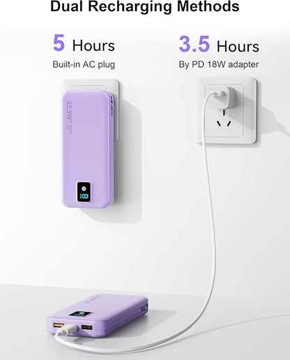 Portable Charger, 12000mAh 22.5W Fast Charging Power Bank with Built-in Cables & Wall Plug, Travel Essentials Battery Pack with LED Display, USB C External Battery Bank for iPhone iPad, Samsung Purple