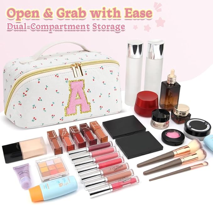 Personalized Travel Makeup Bag Set,Initial Travel Cute Cherry Makeup Organizer Bag,Toiletry Skincare Cosmetic Bag,Christmas Gifts for Women/Girls,Open Flat Toiletry Pouch with Brush Pocket-J