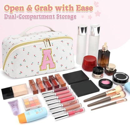 Personalized Travel Makeup Bag Set,Initial Travel Cute Cherry Makeup Organizer Bag,Toiletry Skincare Cosmetic Bag,Christmas Gifts for Women/Girls,Open Flat Toiletry Pouch with Brush Pocket-I