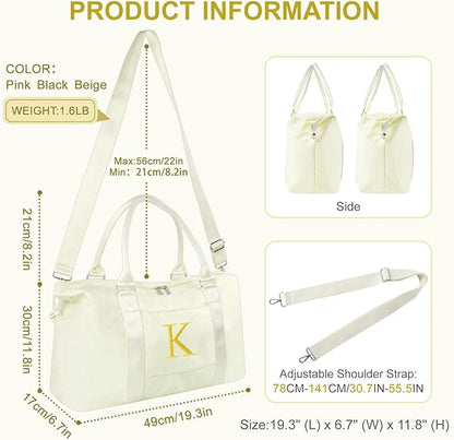Personalized Initial Gym Dance Bag, Travel Duffel Bag for Teen Girls, Carry On Bag Overnight Weekender Bag with Trolley Sleeve, Birthday Gifts for Women Mom Daughter Graduation Gift(Letter K, Beige)