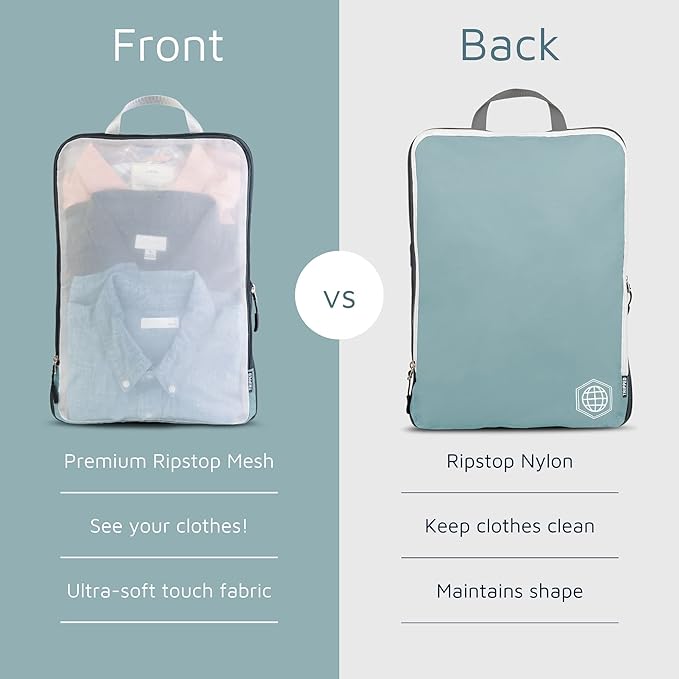 Large Packing Cube Set with See Through Mesh- Compression Packing Cubes Travel Organizers by TRIPPED Travel Gear (Dusty Teal)