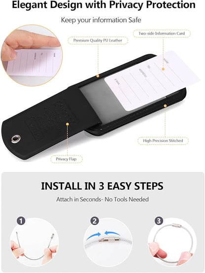 Luggage Tag with Tracker (iOS Only), Premium PU Leather Luggage Tags for Suitcase, Privacy Cover & ID Card Slot, Stainless Loop for Travel Bags, Backpack, Pet Carrier, Ideal Gadgets (Black)