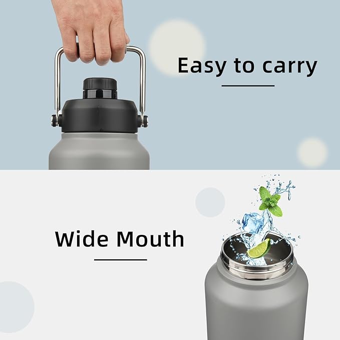 1 Gallon Jug with Handle,128 oz Insulated Water Bottle with Carrying Pouch, Double Wall Vacuum Stainless Steel Metal Bottle,Gray
