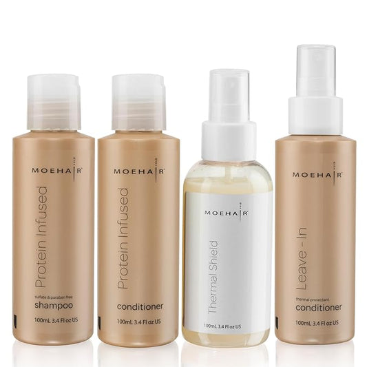 Moehair Travel Size Toiletries (Protein-Infused Shampoo, Conditioner, Leave-In Conditioner & Heat Protectant Spray) |Travel Shampoo and Conditioner Set | Sulfate & Paraben-Free Combo (3.4 Fl.Oz)