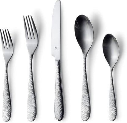 Matte Silverware Set, 18/10 Stainless Steel Satin Flatware, Modern Brushed Finish Cutlery, Dishwasher Safe & Durable, Built to Last (40-Piece, Fidenza Hammered)