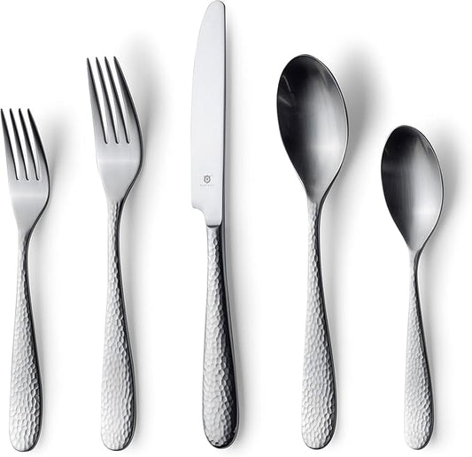 Matte Silverware Set, 18/10 Stainless Steel Satin Flatware, Modern Brushed Finish Cutlery, Dishwasher Safe & Durable, Built to Last (40-Piece, Fidenza Hammered)