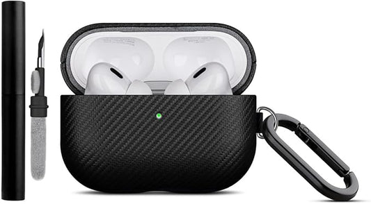 LOPIE Handmade for AirPods Pro 1st Generation Case Cover, Carbon Fiber Texture Vegan Leather Case with Keychain & Cleaner Kit, Protective Hard Shell Cover for AirPods Pro 1 - Black