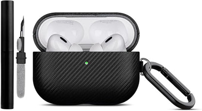 LOPIE Handmade AirPods Pro Case, Carbon Fiber Texture Vegan Leather Case with Keychain & Cleaner Kit, Protective Hard Shell Cover - Black