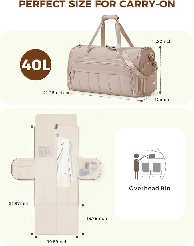 WANDF Convertible Garment Bags for Travel with Wet Pocket Carry on Garment Duffle Bag 2 in 1 Puffy Hanging Clothes Travel Bags with Shoe Compartment for Airplanes Business Weekend Gym Wedding (Khaki)