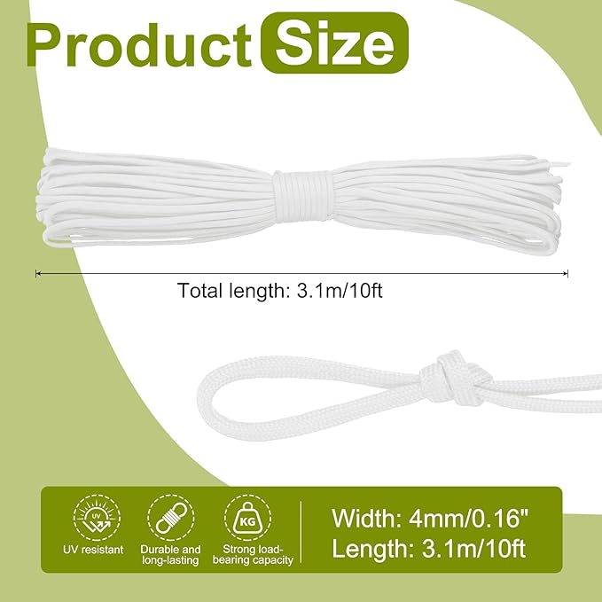 uxcell 4mm Nylon Rope, 10ft Portable Clothesline for Luggage and Backpack Tie Downs, Hanging Clothes, Swings, Camping and Mountaineering Tie Downs, White