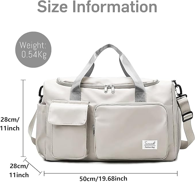 Travel Duffel Bag with Shoes Compartment Sports Gym Bag with Dry Wet Separated Pocket for Men and Women, Overnight Bag Weekender Bag Training Handbag Yoga Bag - White Gray