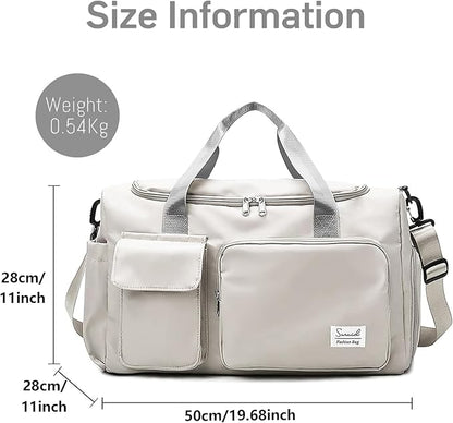 Travel Duffel Bag with Shoes Compartment Sports Gym Bag with Dry Wet Separated Pocket for Men and Women, Overnight Bag Weekender Bag Training Handbag Yoga Bag - White Gray