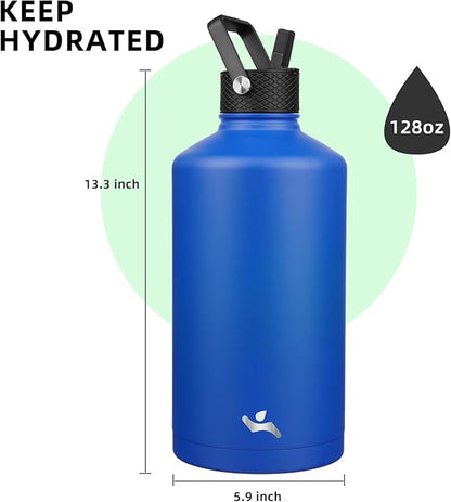 Gallon Insulated Water Bottle with Straw,128 oz 3 Lids Water Jug with Carrying Bag,Paracord Handle, Double Wall Vacuum Stainless Steel Metal Flask,Blue