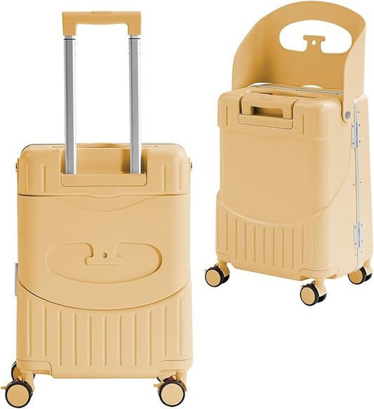 20'' Luggage with Child Seat, Ride On Suitcase with Shockproof Silent Spinner Wheels, TSA Lock, Carry On Luggage with Foldable Backrest, Bag Hook for Kids.